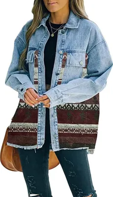 Produktbild von ASKSA Damen Jeansjacke Revers Langarm Vintage Button Down Oversize Boyfriend Cardigan Print Hemdjacke, Weinrot, XL