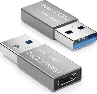 Produktbild von deleyCON USB C auf USB Adapter [2 Stück] C Buchse auf A Stecker USB 3.1 Adapter 5Gbit/s - für PC Computer Laptop Notebook Aluminium Silber