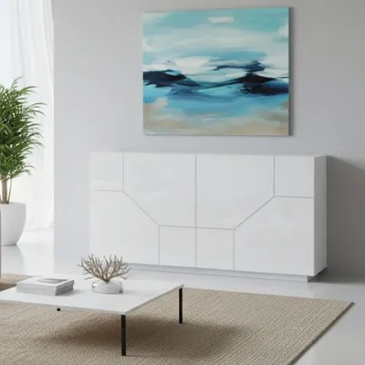 Produktbild von Kommode Stefano, Küchen-Sideboard mit 4 Türen, Wohnzimmer-Buffet, 100 % Italy, cm 200x43h86, glänzend weiß