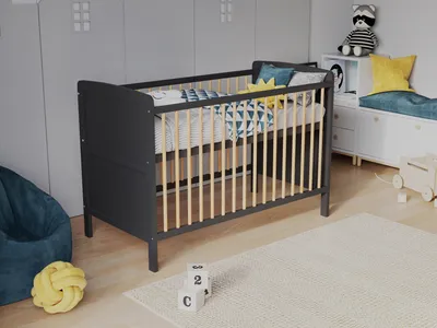 Obrázek produktu pro Dětská Postýlka Pine - Antracit 120 x 60 cm s Pěnovou Matrací Aloe Vera, Přestavitelná na Postel Junior