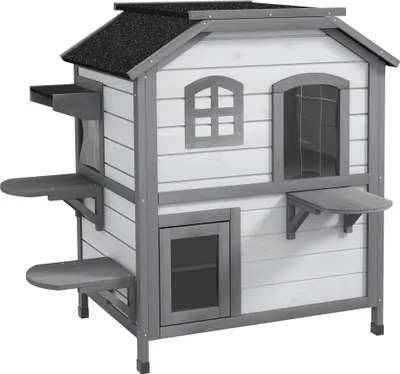 Produktbild von Katzenhaus Katzenhütte Katzenh?hle, 2 Stockwerke, wetterbest?ndig, 99,5 cm x 76 cm x 91 cm, Wei? + Grau