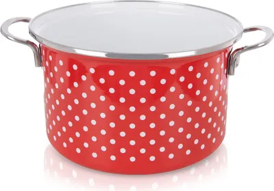 A red and white polka dot enamel pot with silver handles is shown against a white background.