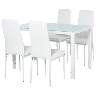 Image de HOMCOM Ensemble table à manger avec 4 chaises, table de cuisine avec chaises en cuir synthétique, plateau rectangulaire en verre trempé, pieds en acier, pour petit espace, appartement, bistro, blanc