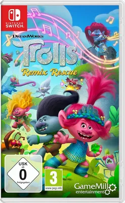 The image shows the front cover of the Nintendo Switch game 'Trolls Remix Rescue'. It features characters from the Trolls franchise, along with game title and logos.