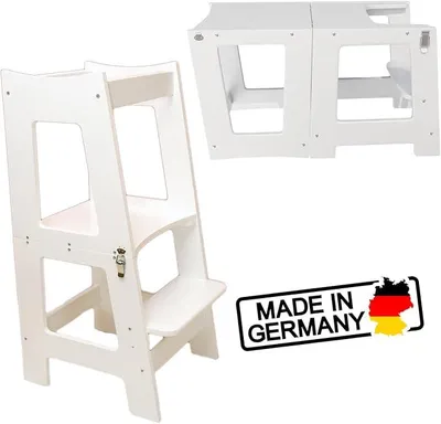 Imagen del producto de Torre de aprendizaje Montessori 2 en 1 para niños, plegable, con altura ajustable, silla y mesa de madera. Taburete multifuncional, escalón para ayudar en la cocina. Ideal para niños y niñas. Torre de aprendizaje, silla de aprendizaje, ayuda en la cocina. Color: blanco
