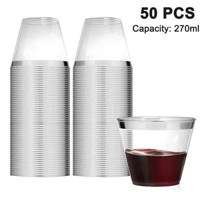 Produktbild von 50 Stück Kunststoff Becher, 270ml Wiederverwendbare Trinkbecher zum Feiern, Hochzeiten, Picknick, Party, Camping, Geburtstag