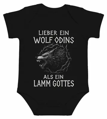 Imagen del producto de Body para bebé, color , diseño "Lobo de Odín" en lugar de "Cordero de Dios", estilo vikingo, mitología nórdica, talla 6/12 meses