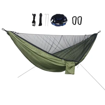 Produktbild von Hängematte mit Moskitonetz, Camping Reisehängematte, 290*140CM, Tragfähigkeit 300kg,Befestigungs-Set, ultraleicht wasserdicht,Armeegrün