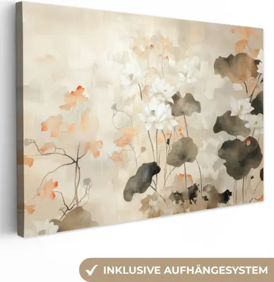 Obrázok produktu pre Plátno 120x80 cm - Japandi - Kvety - Béžová, Moderný obraz, nástenná dekorácia, maľba