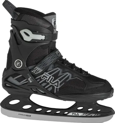 A black and gray Fila ice skate is shown against a white background.