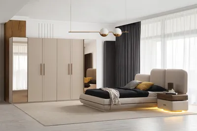 Produktbild von Designer Schlafzimmer Möbel Beiges Polsterbett Nachttische Schrank