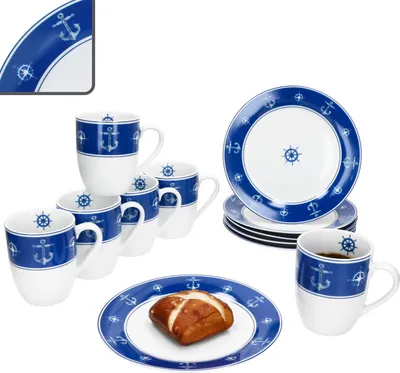 Produktbild von Ahoi 12tlg Frühstücksset Porzellan Kuchenteller Kaffeebecher maritim