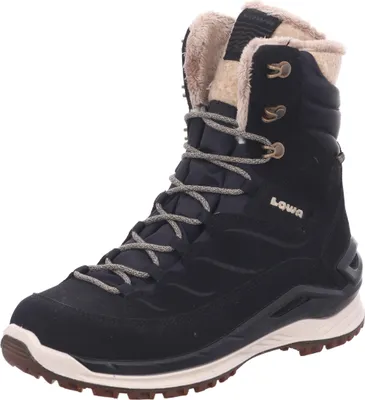 A single black winter boot with tan fur lining is shown against a white background.