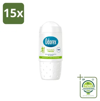 Immagine prodotto di 15 deodoranti roll-on Odorex, fragranza Natural Fresh, 50 ml ciascuno, confezione grande da 15 pezzi