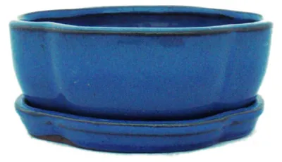 Produktbild von Bonsai-Schale mit Unterteller  Gr. 1 Blau  haitang/oval  Modell I5 L 12cm B 9,5cm H 4,5 cm