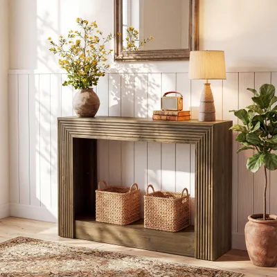 Image de Table console Tribesigns, 105 cm, table d'entrée de style industriel, table basse à deux niveaux à placer derrière le canapé, pour le salon, l'entrée ou le couloir, marron