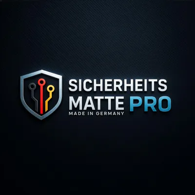 A logo and text for a product called 'SICHERHEITS MATTE PRO' against a dark, textured background.