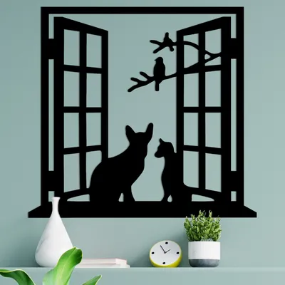 Image de Wallity, Cat In The Window, Accessoire mural décoratif en métal, 100 % METAL, noir, 100 x 0,15 x 92 cm