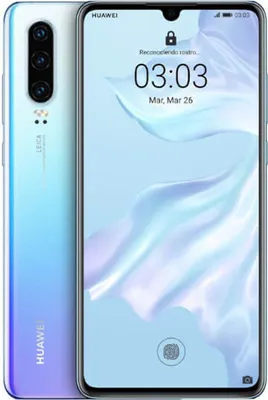 A Huawei P30 smartphone is shown from the front and back, displaying its screen and camera.