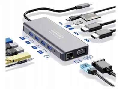 Zdjęcie produktu dla Przejściówka - Hub USB-C 12 w 1 - 2x HDMI - VGA - USB 3.0 - Gigabit Ethernet - SD - LAN - Audio - dla Windows