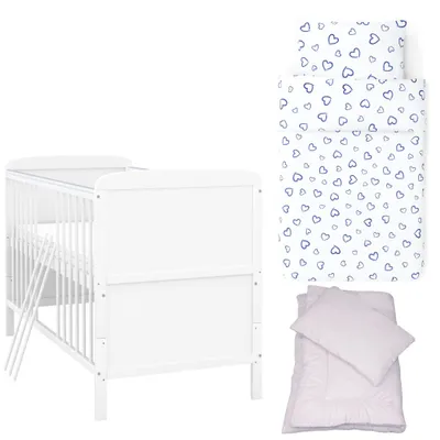 Produktbild von Baby-Delux Babybett Kinderbett Natalie Umbaubar 140x70 Weiß Bettset 4-Tlg Komplett Herzen Blau