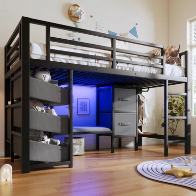 Obrázek produktu pro MODFU Polovyvýšená postel 90x200 jednolůžko patrová postel s vícebarevným LED osvětlením,rám postele s úložnou zásuvkou a úložnou kapsou,bez matrace,černá