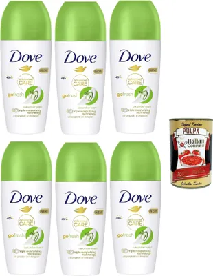 Produktbild von Dove, Deodorante Roll On Advanced Care, Gurke und grüner Tee, Anti -Degraining Deodorant, empfindliche Formel mit dreifacher Feuchtigkeitswirkung,48 Stunden, 6x 50 ml + Italian Gourmet polpa 400g