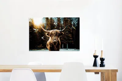 Produktbild von MuchoWow Wanddekoration Metall Metallbild Wandkunst 90x60 cm Schottisches Hochlandrind - Kolibri - Wald MuchoWow Aluminium Gemälde - Wandbilder