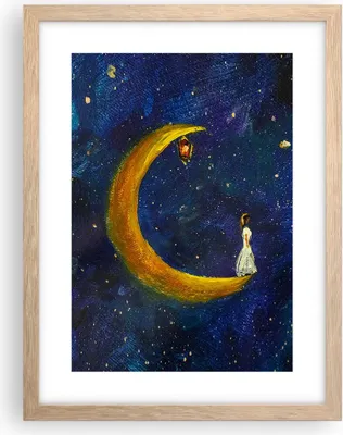 Produktbild von Gerahmtes Poster - Rahmen in heller Eiche - Mädchen auf der Mond - 30x40 cm - Wand Bild - Wanddeko - Wandbilder - Kunstposter - Wandposter - Bilderrahmen - Bilder - Kunstdruck - P2NPA30x40-4575