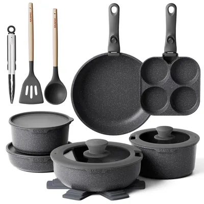 20-teiliges Kochtopf-Set, Antihaft, abnehmbare Griffe, Induktion, schwarz