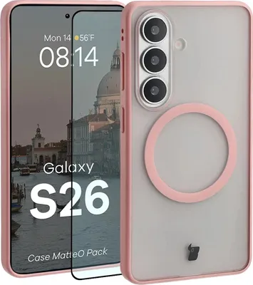 Produktbild von Schutzhülle mit Magnetring + gehärtetem Glas Bizon MatteO Pack für Galaxy S26, Getönt-Hellrosa