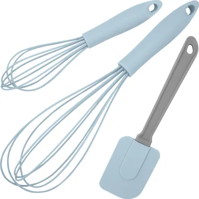 A set of kitchen utensils, including two whisks and a spatula, arranged on a white background.