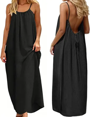 Productafbeelding van Zwarte maxi-jurk voor dames, mouwloos met spaghettibandjes en open rug