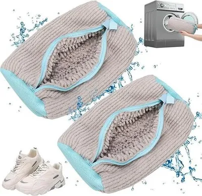 Image de 2 pièces Premium Sac de lavage pour chaussures Edition 2025 pour la machine à laver, sac de lavage Sneaker Chaussures Sac de lavage avec duvet de nettoyage à 360° et fermeture éclair.