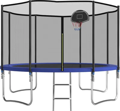 Produktbild von Trampolin Outdoor Ø 366 cm, Kindertrampolin Gartentrampolin mit Sicherheitsnetz, Leiter, Basketballkorb Brett,Belastbarkeit 595 Pfund, dunkelblau, 366 cm