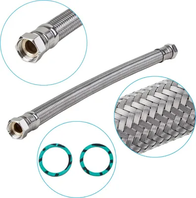 A stainless steel braided hose with two close-up views and two washers.