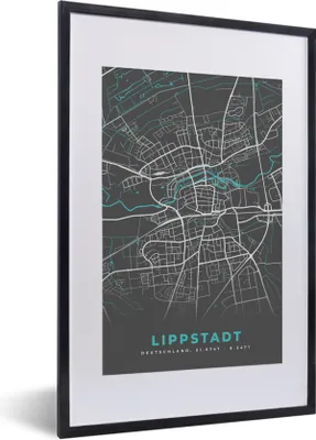 Produktbild von MuchoWow® Gerahmtes Poster Karte - Stadtplan - Lippstadt - Deutschland - Blau 40x60 cm - Poster mit Schwarzem Bilderrahmen Wandposter Rahmen Foto Bilder - Poster in Rahmen