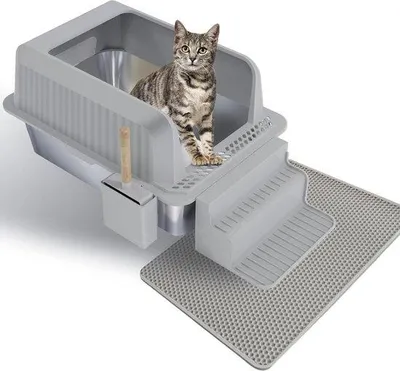 Produktbild von Famanu Katzenklo XXL - rostfreies Edelstahl, leicht zu reinigen, offen mit Schaufel