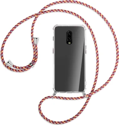 Produktbild von Handykette Backcover-Schutzhülle mit Band (Metall silberfarben) für OnePlus 6T, OnePlus 7 - weinrot/gelb/grau