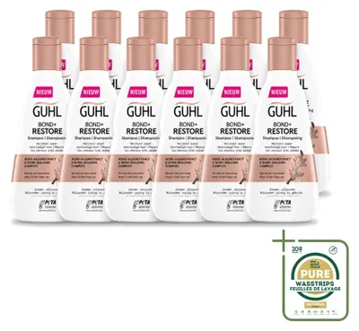 Imagen del producto de 12 champús Guhl Bond+ Restore para cabello dañado, 250 ml cada uno, pack de 12 unidades