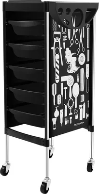 Produktbild von Friseurbedarf Rollwagen - Salonwagen mit Schubladen - 5 Schubladen 6 Ebenen - Klappbare Ablage - Tragkraft 80 kg - 36x90 cm - Schwarz