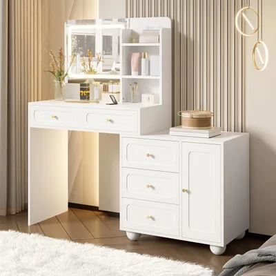 Obrázok produktu pre Toaletný stolík Merax s LED osvetlením a zrkadlom, kozmetický stolík s 5 zásuvkami, Reagl, toaletný stolík do spálne, moderný nočný stolík, biely