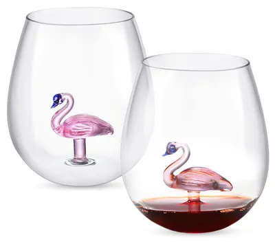 2 Flamingo-Weingläser ohne Stiel, 500 ml, Borosilikatglas, 3D-Flamingo