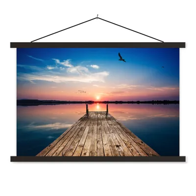 Produktbild von MuchoWow® Textilposter Steg - Wasser - Sonnenuntergang - Rosa - Horizont 120x80 cm mit schwarzem Rahmen - Wanddeko