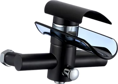 A black waterfall faucet with a blue glass accent, shown against a white background.