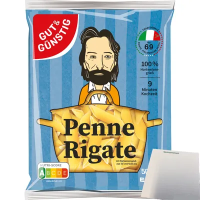 Produktbild von Gut & Günstig Nudeln Penne Rigate Pasta aus Italien (500g Beutel) + usy Block
