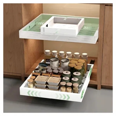 Produktbild von 2er Set 4-Wege-erweiterbare Schublade mit Kleber, Teleskopschublade (Einstellbare 43,5-55 cm T x 30-49 cm B), Ausziehbare Schubladen für die Küche, zur Organisation der Speisekammer, weiß