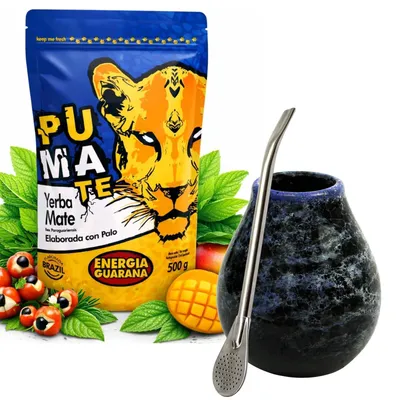 Produktbild von Yerba Mate Tee Set PumaTe Energia Guarana 500g mit Keramik Mate Becher und Bombilla -  Yerba Mate-Tee mit Guarana Pulver