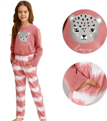 Produktbild von Kinderpyjama für Mädchen Nachthemd Schlafanzug langarm Nachtwäsche Baumwolle in Rosa und Weiß - Größe 104