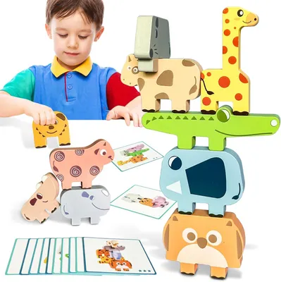 Imagen del producto de Juego de apilar Montessori - Juguete de madera - Animales para apilar - Bloques de construcción para niños - Juego de equilibrio - Juguete de madera para el desarrollo de la motricidad